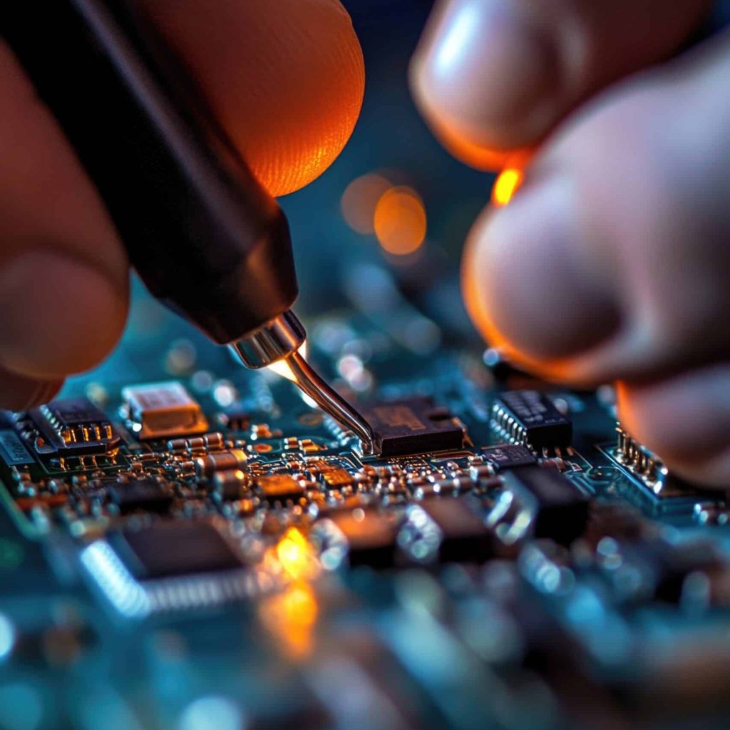 A person is focused on assembling and testing electronic components on a circuit board